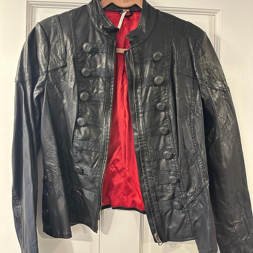 Free People Black Leather Military-Style Jacket with Red Lining